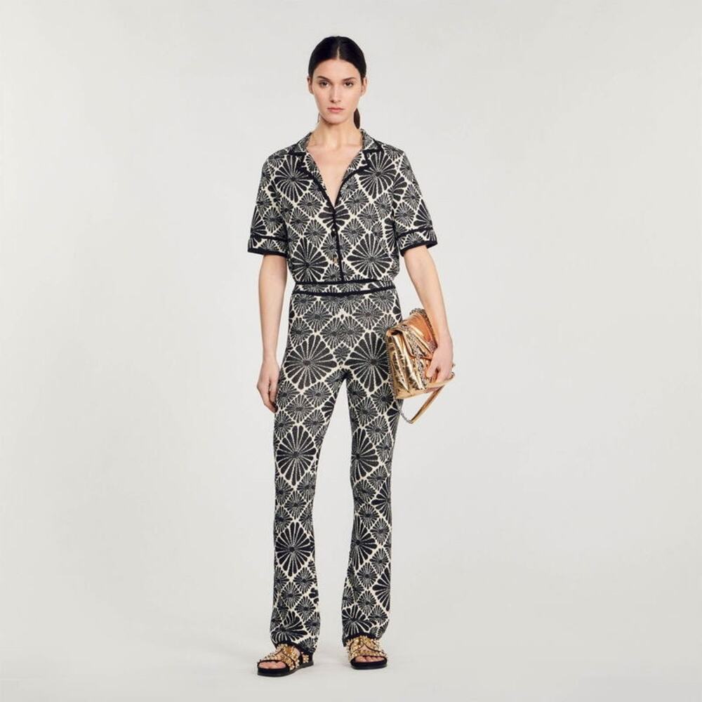 Sandro Shirt Pants 2pc SET 36 Small Floral Jacquard Black White Knit Pyramide